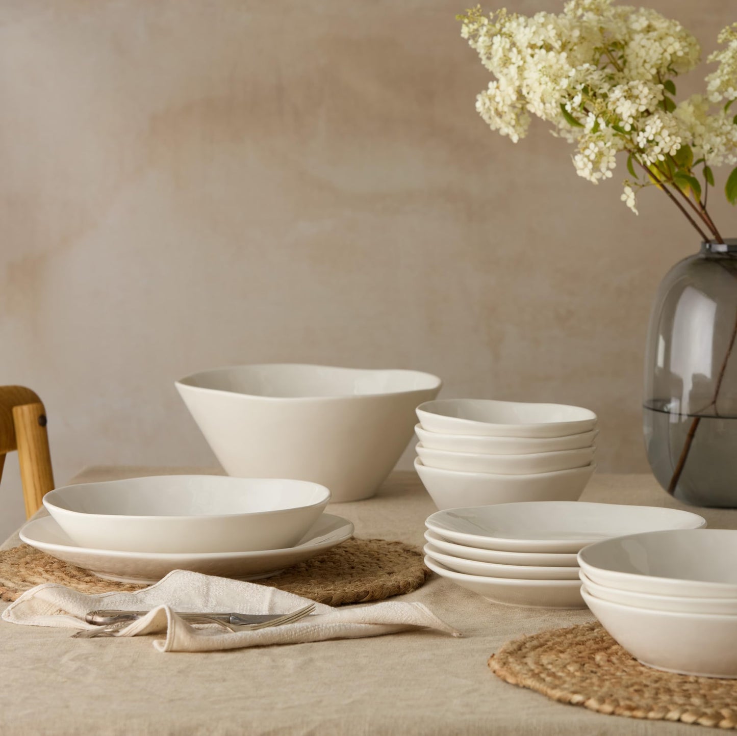 Linen Cream Stoneware Pasta Serving Bowl 128 oz – 13"x3" Oversized Neutral Glazed Bowl for Pasta, Salads, Entrees & Family Meals – Modern Farmhouse Style, Durable Stoneware Serveware