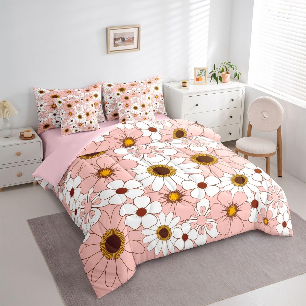 Erosebridal 7 Pcs Pink Daisy Bedding Set Twin for Girls Boho Floral Comforter Set with Sheets for Kids Teens Women Coquette Room Decor Groovy Floral Bed in A Bag Aesthetics Flower Bed Sets All Season