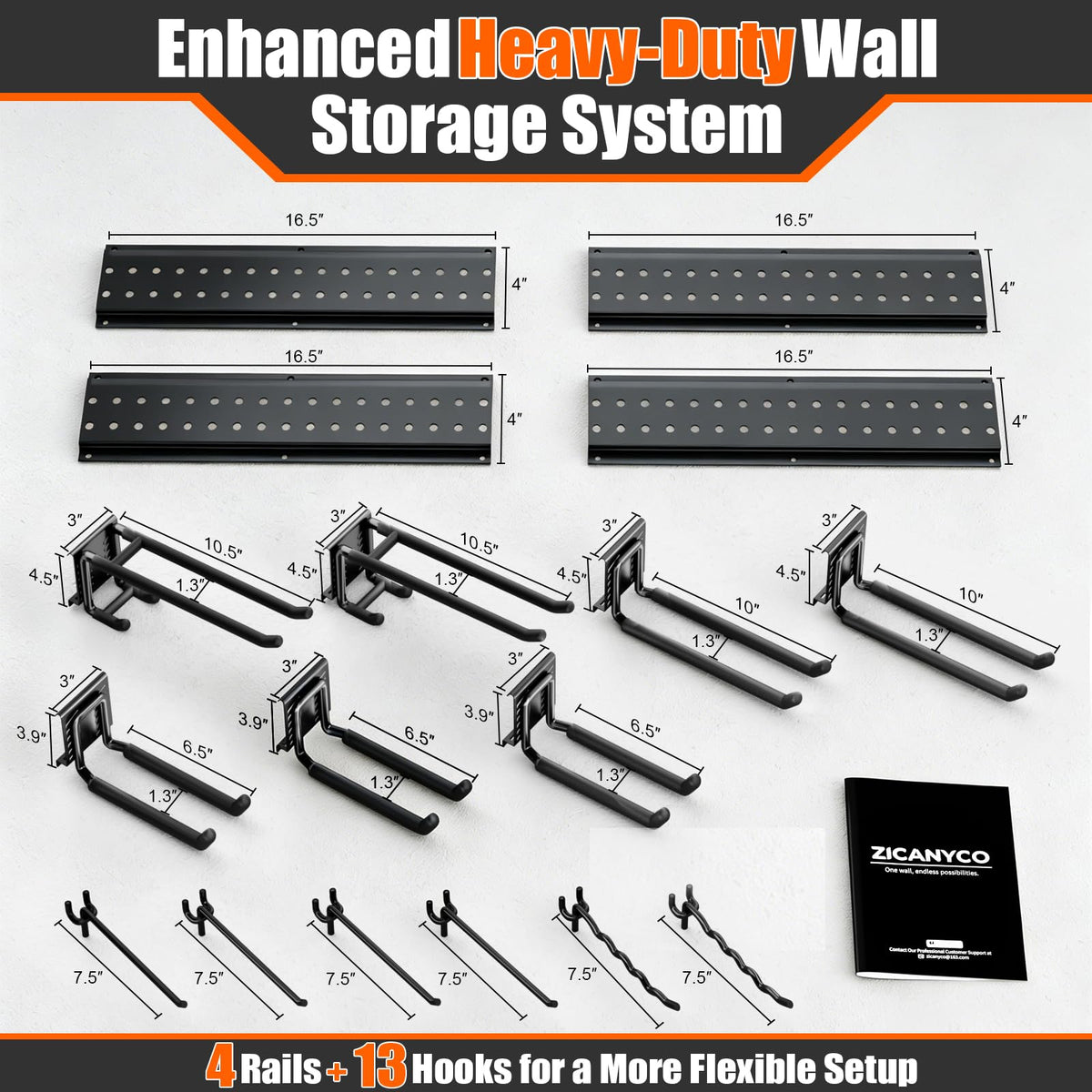 ZICANYCO Garage Tool Organizer Wall Mount 66 inches with 13 Adjustable Heavy-Duty Hooks, Garage Organization, Garden Tool Storage Rack for Garage, Yard, and Shed, Holds Up to 520 lbs