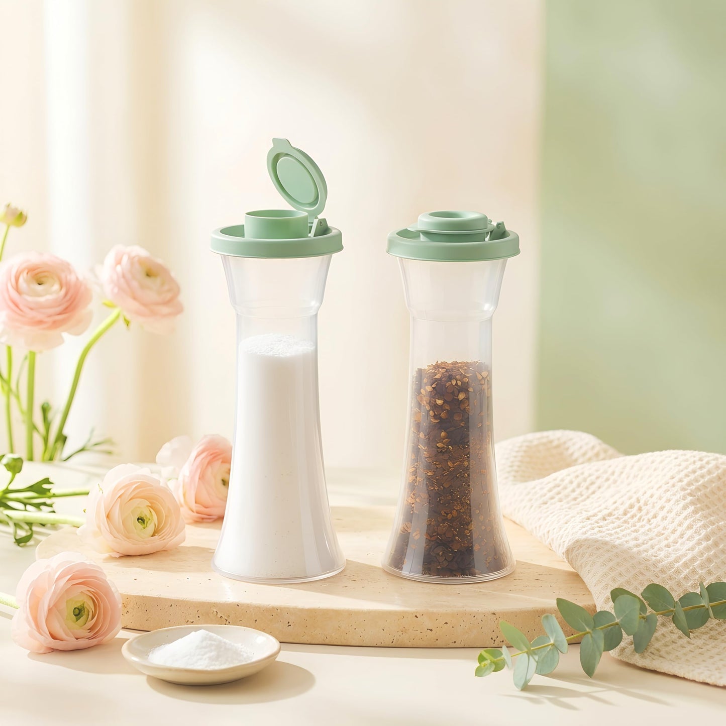 Tupperware Large Hourglass Salt and Pepper Shakers Clear Containers with Sage Green