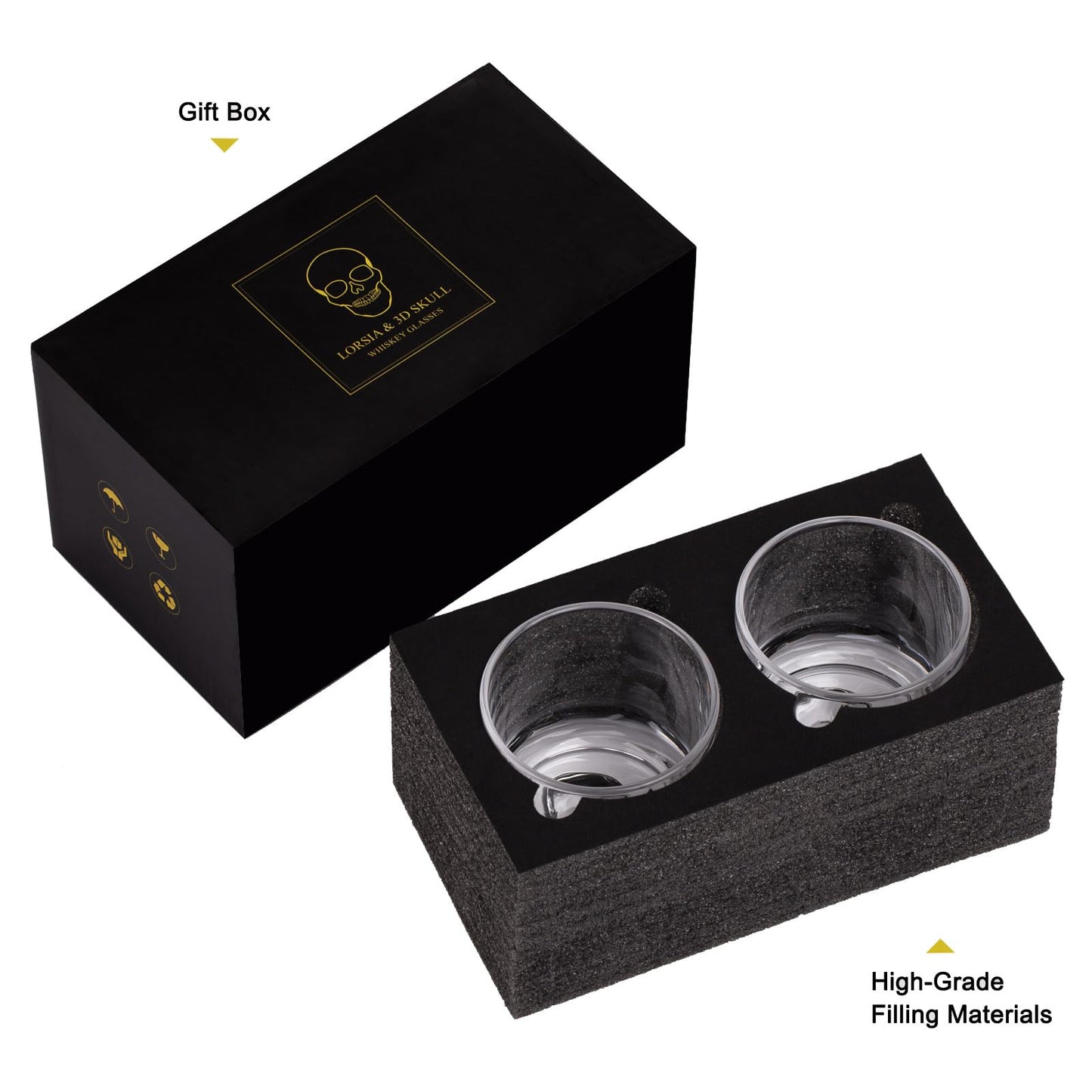 Hand Blown Crystal Skull Whiskey Glasses, Set of 2 Bourbon Glasses In Gift Box - 10 Oz Old Fashioned Glasses for Scotch, Cocktail, Rum - Perfect Gifts for Halloween, Christmas, Thanksgiving for Men