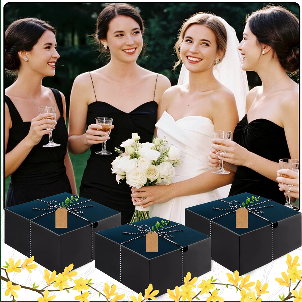 CITYCHALET 73Pcs Bridesmaid Gifts Set of 6 Black,Maid of Honor Proposal Gift Boxes Set,Cosmetic Bag Scented Candle Jewelry Box Metal Hair Clip Knot Bracelet Bachelorette Party Bridal Shower