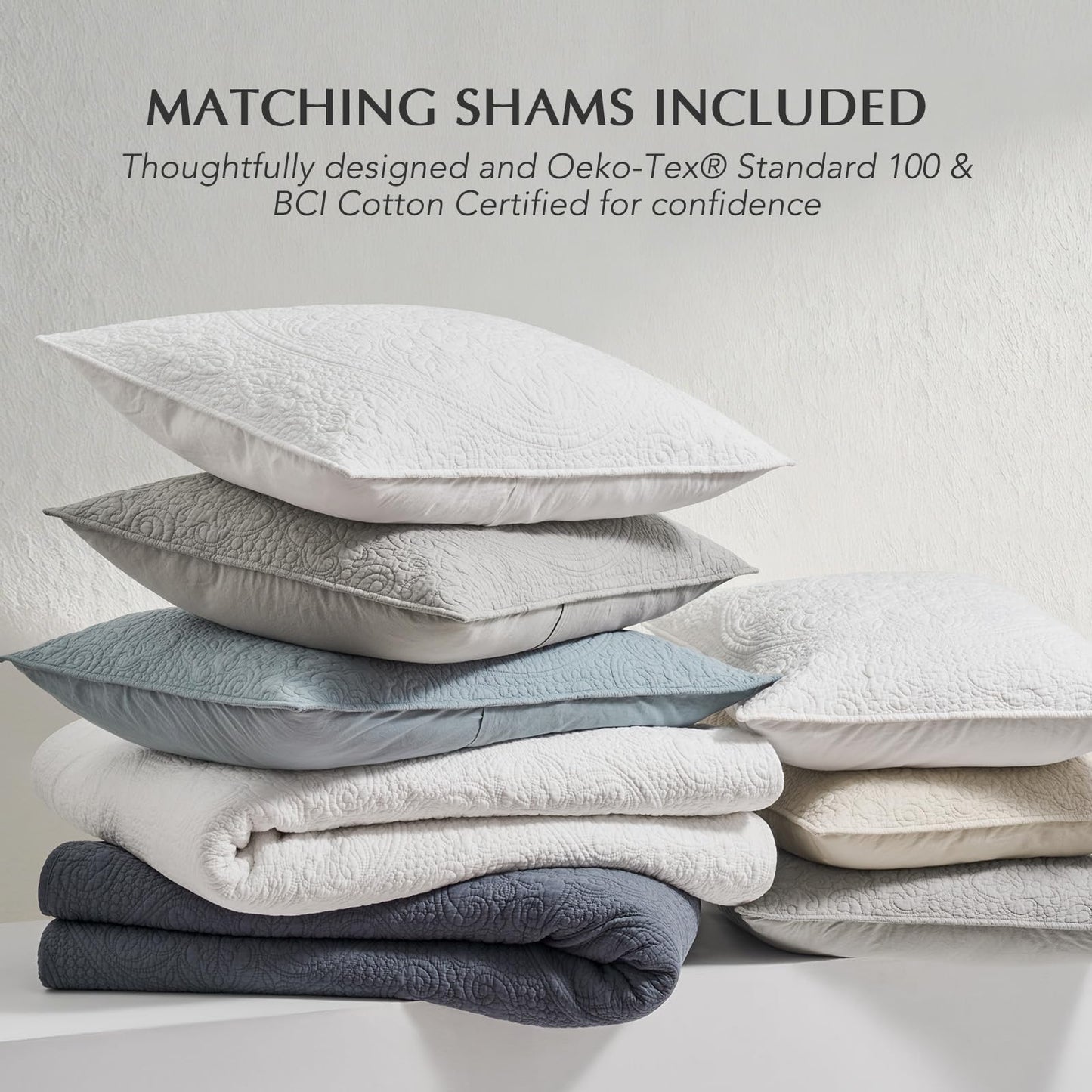 EverGrace Medallion Stitch Cotton Quilt Set King Size, 3-Piece 100% Cotton Quilted Bedspread Coverlet Bedding Set with Pillow Shams, Oversized Lightweight Soft & Breathable All-Season, Indigo Blue