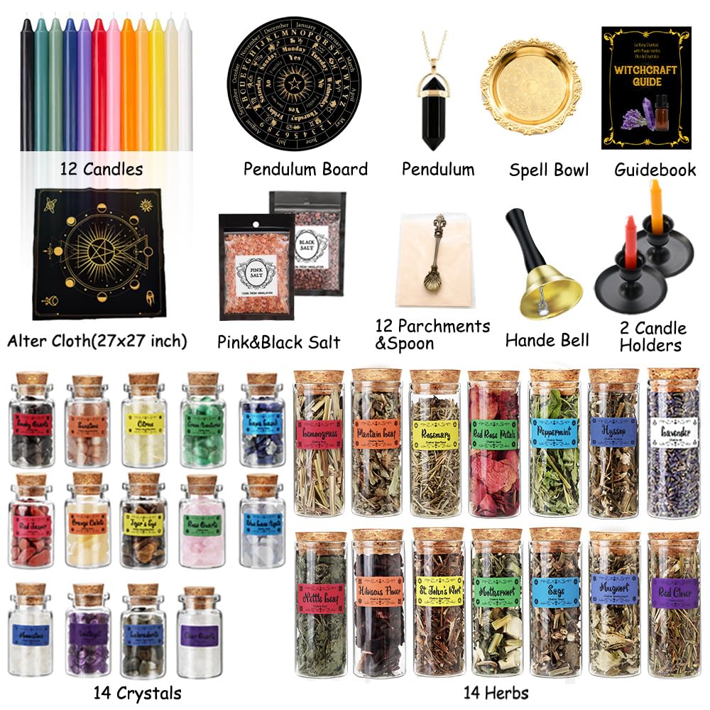 Cikuco Witchcraft Supplies Kit for Witch Spells,63PCS Witch Stuff,Wiccan Supplies and Tools,Including Herbs for Witchcraft,Crystals and Healing Stones,Spell Candles,Wiccan Starter Kit