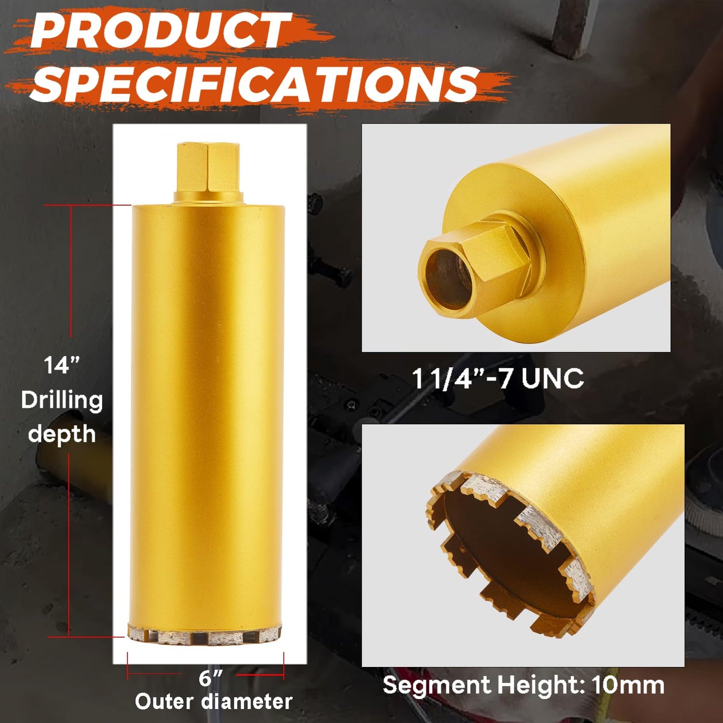 DaduoRi 6 Inch Wet Core Drill Bit, 6" Diameter x 14" Depth,1-1/4"-7 Thread, High-Performance Diamond Core Bits for Reinforced Concrete with Rebar, Masonry, Brick Block,Cement, Stucco, Stone (152mm)