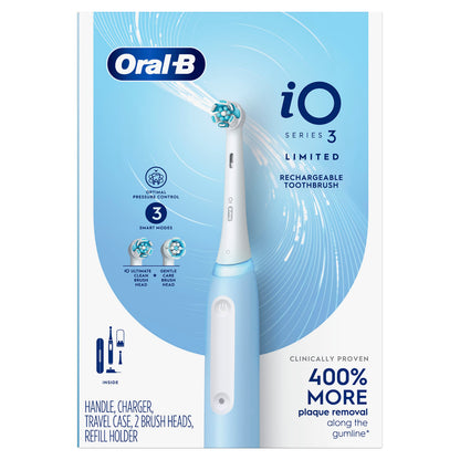 Oral-B iO Deep Clean Rechargeable Electric Powered Toothbrush, White with iO Series 3 Limited, 2 Brush Heads and Travel Case - Pressure Sensor to Protect Gums - 3 Cleaning Settings - 2 Minute Timer