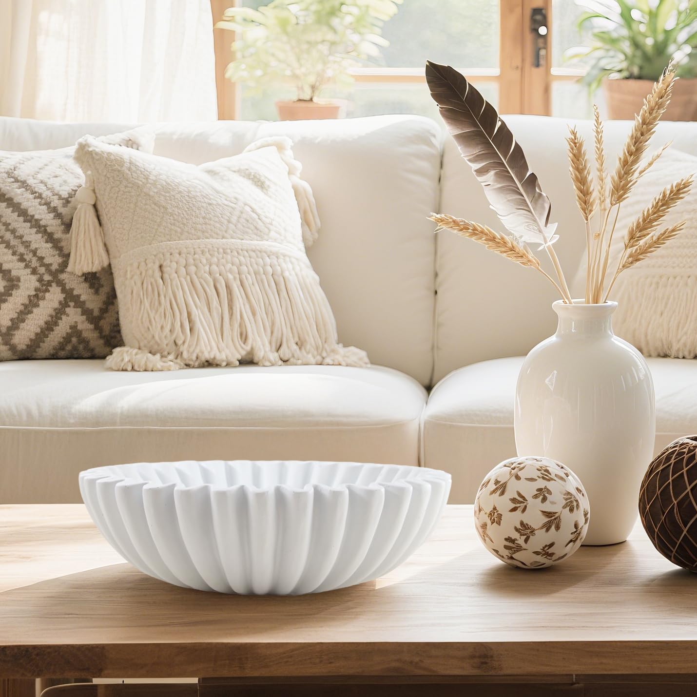 Plukers Large Modern Decorative Ruffle Bowl for Home Decor Fruit Bowl Organic Catch All Key Kitchen Entryway Shelf Coffee Table,White