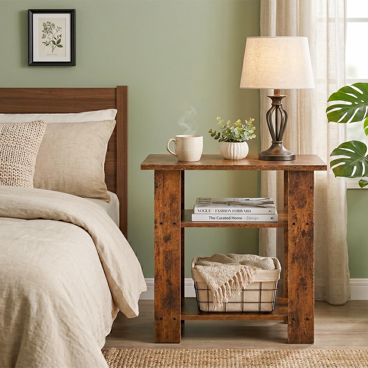 ZEXVIDA Narrow Side Table, 3 Tier Rustic End Table for Living Room, Small Wood Nightstand with Storage Shelves, Slim Bedside Table for Bedroom, Couch, Small Spaces, 22.8" High,Farmhouse Style