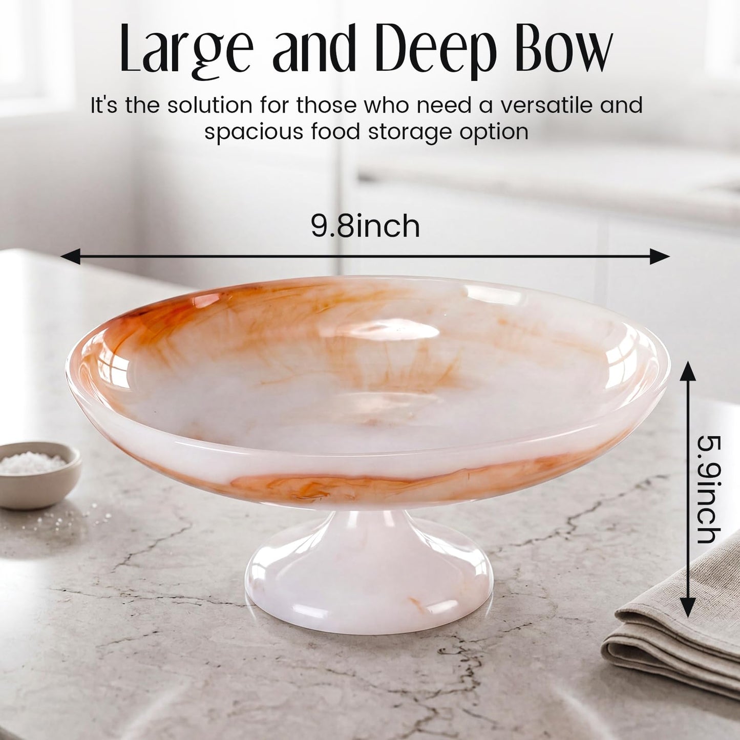 Singhoow 10 Inch Marble Fruit Bowl for Kitchen Counter Resin Large Decorative Bowls with Pedestal for Home Entryway Kitchen Storage Dining Table Centerpiece House Warming Gifts