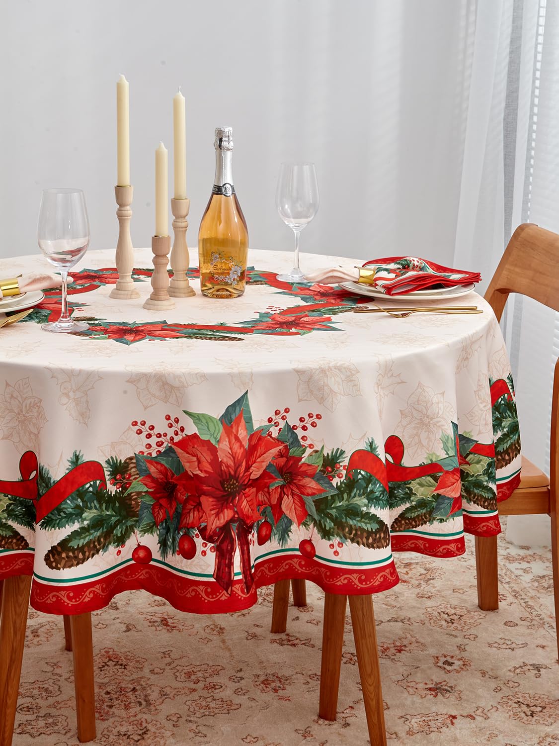YiHomer Poinsettia Ribbon Engineered Printed Fabric Christmas Tabletop for Xmas Winter Holiday, Christmas Time, Tablecloth, 70" Round