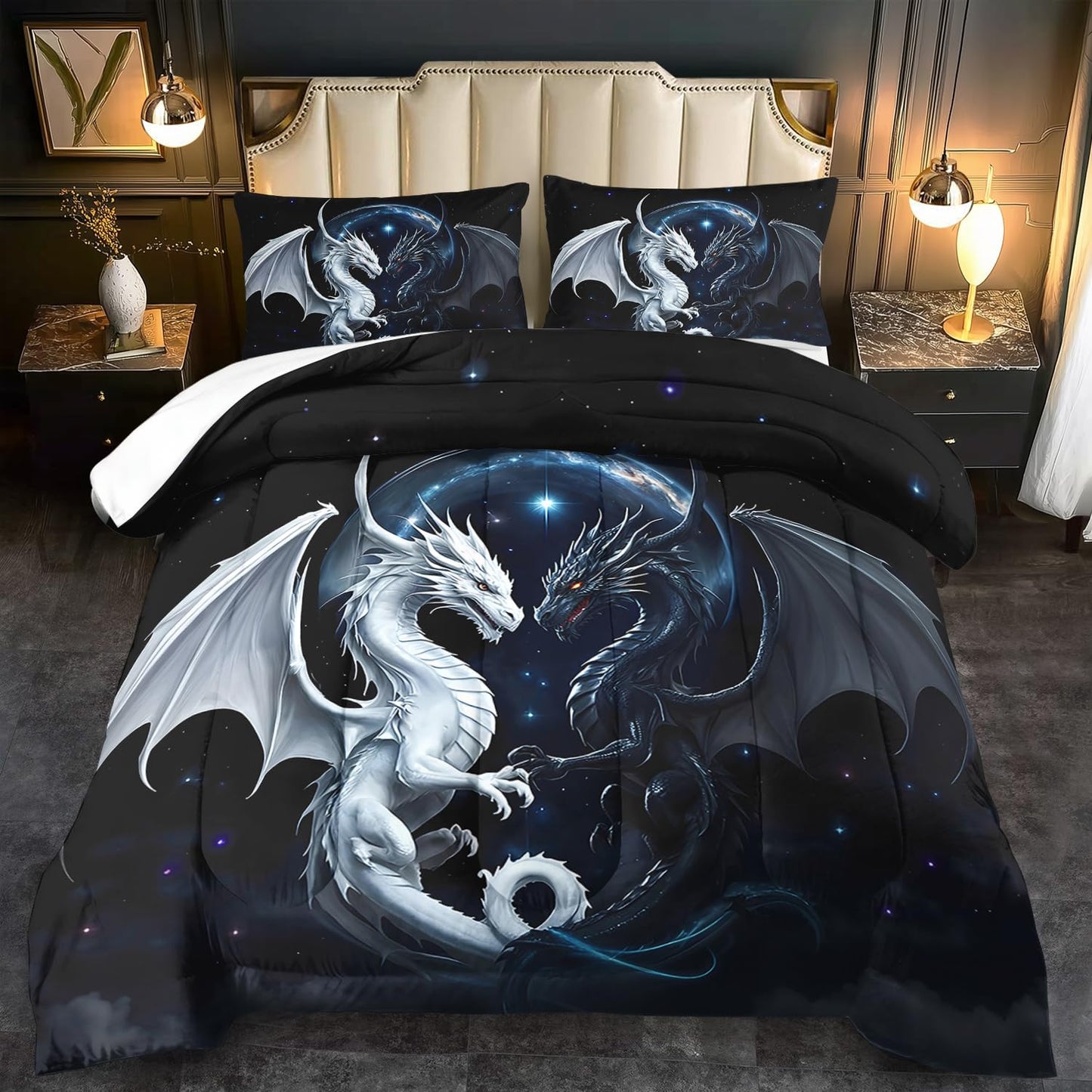 llyxsesty Black and White Dragon Comforter Set King for Boys Black Dragon Bedding Set Boys Gemini Universe Comforter King Quilt Animal Bedding Space Bed Decor Animal Home Decor