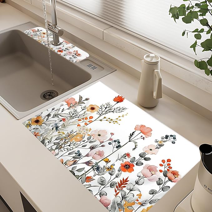 2Pcs Dish Drying Mats Faucet Mats Sets Large Size Coffee Mats Sink Faucet Mat