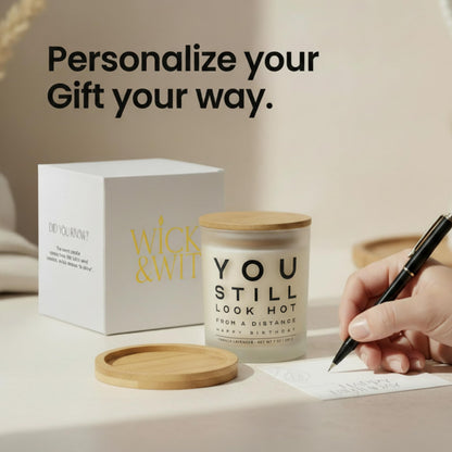 Funny Birthday Gifts for Women You Still Look Hot from a Distance Gift Set Playful Gifts for Friend Sister Coworket BFF Vanilla Lavender Soy, 50+ Hour Burn, Ready to Gift Box by Wick and Wit