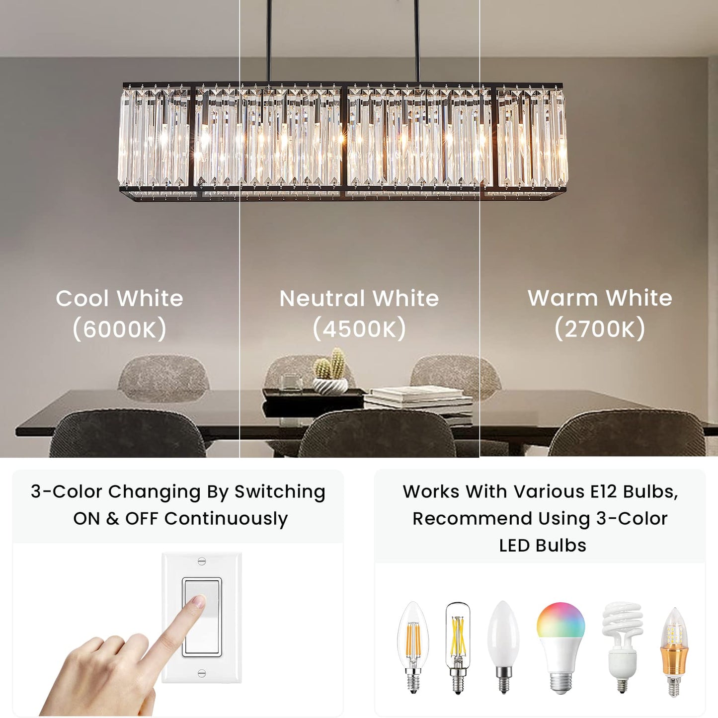 Siljoy Modern Rectangular Crystal Chandelier, 5 Lights Black Rectangle Raindrop Chandelier Lighting, Industrial Linear Pendant Ceiling Light Fixture for Dining Living Room Kitchen Island L33.5''
