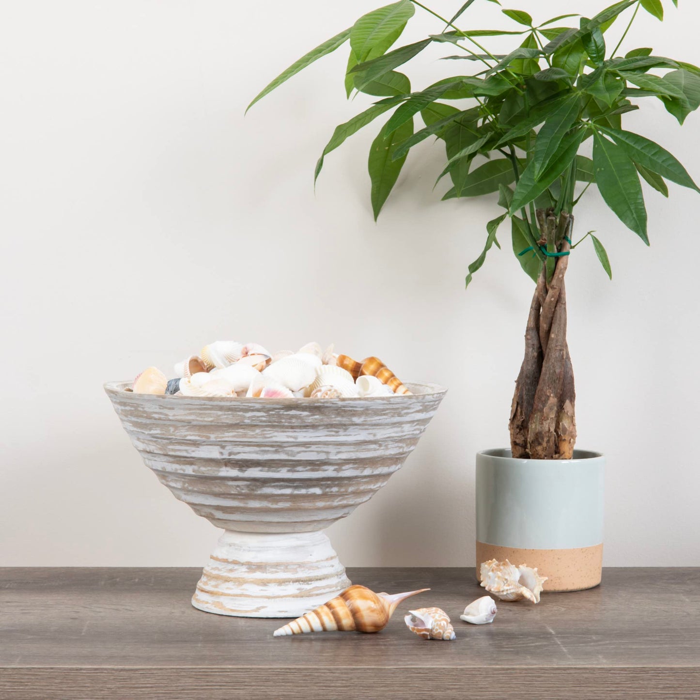 Creative Co-Op Boho Wood Pedestal Serving Bowl, White Wash Finish