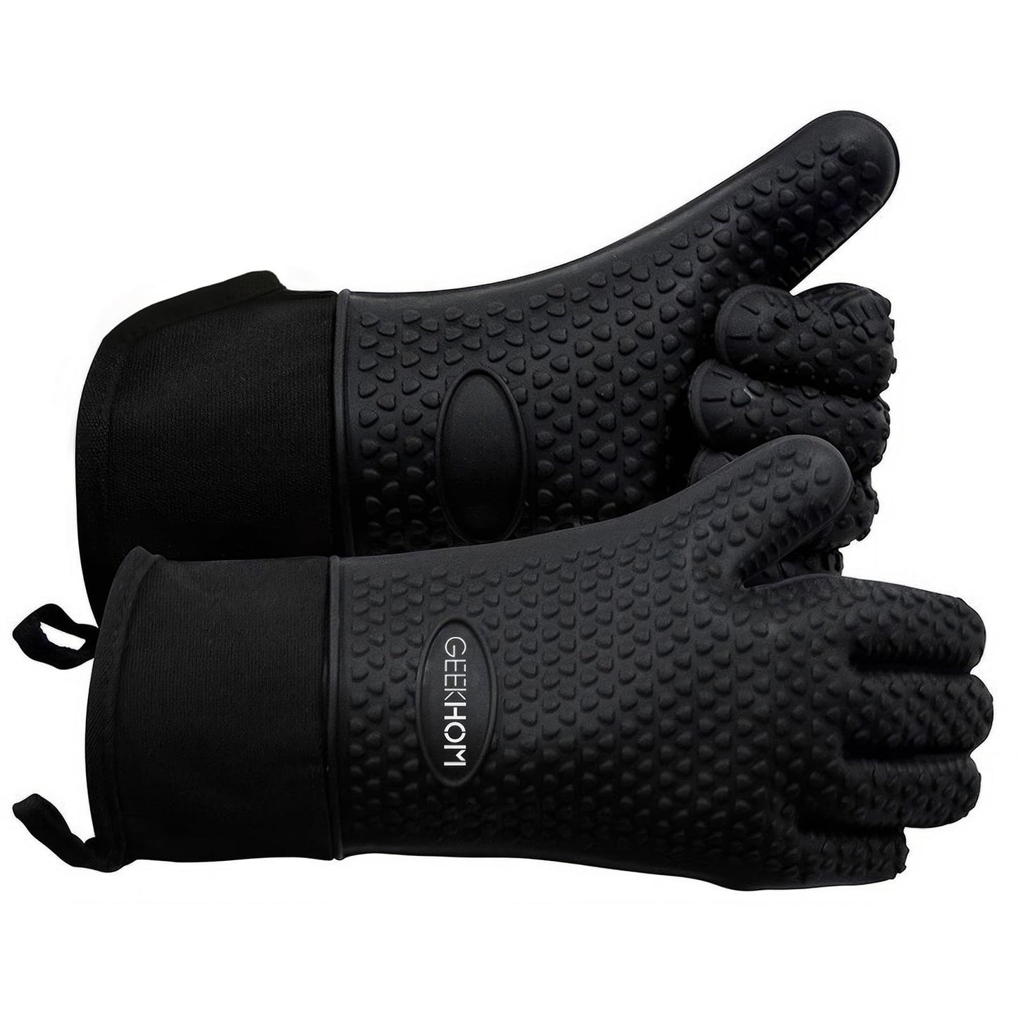 GEEKHOM BBQ Gloves X-Large, Heat Resistant Kitchen Silicone Oven Mitts, Waterproof Oven Gloves, BBQ Grill Accessories for Baking, Fryer, Smoker, Weber, Pizza, Microwave, Non-Slip, Black