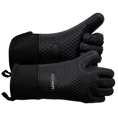GEEKHOM BBQ Gloves X-Large, Heat Resistant Kitchen Silicone Oven Mitts, Waterproof Oven Gloves, BBQ Grill Accessories for Baking, Fryer, Smoker, Weber, Pizza, Microwave, Non-Slip, Black