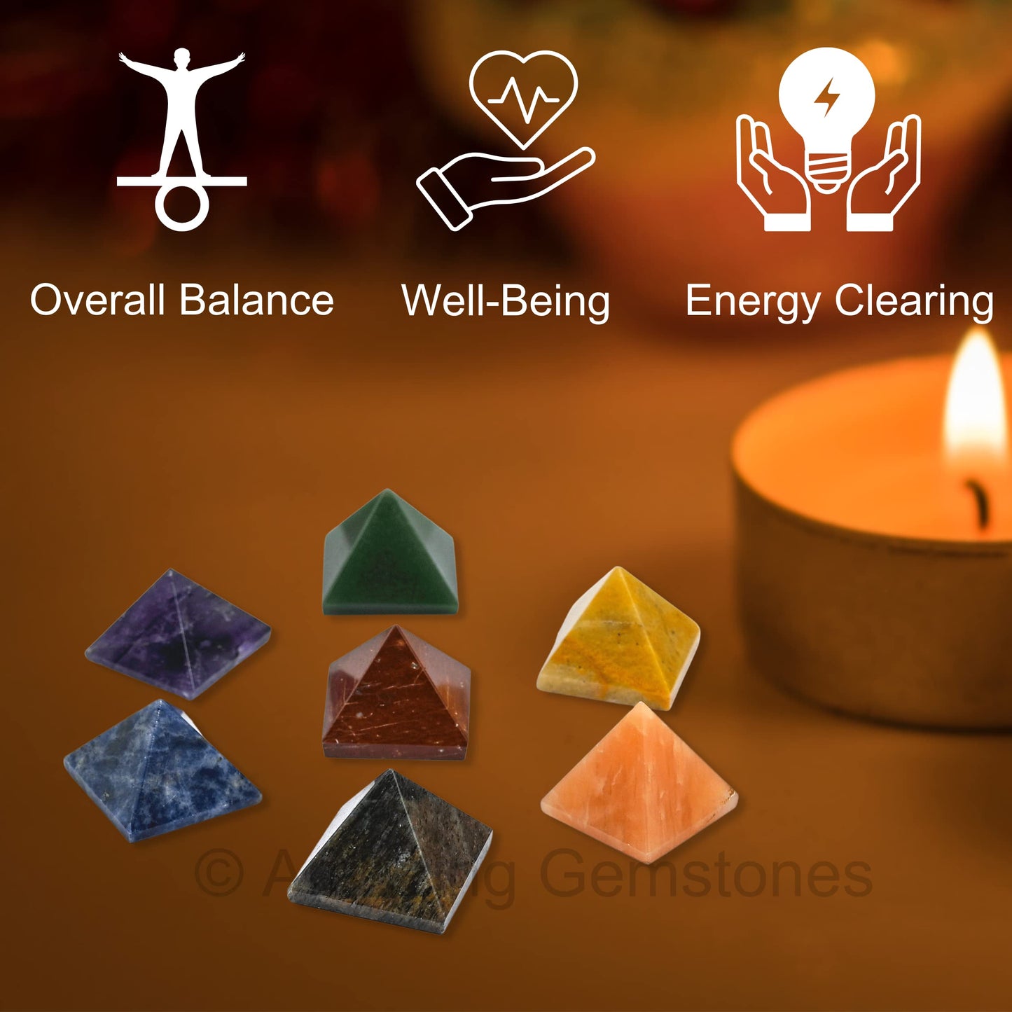 Amazing Gemstone 7 Chakra Pyramid Set for Reiki Healing Crystal with Engraved Reiki Symbols - Energy Balancing Polished Chakra Set with Velvet Pouch