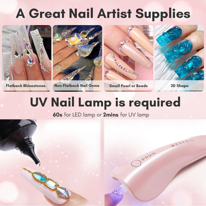 Makartt Nail Rhinestone Glue Set - Gel Nail Glue for Rhinestones, 3D Art Design Super Strong Adhesive for Charm Gems Jewel Crystal Beads Diamonds, 15ml & 8ml, Easy Use, Cured Need