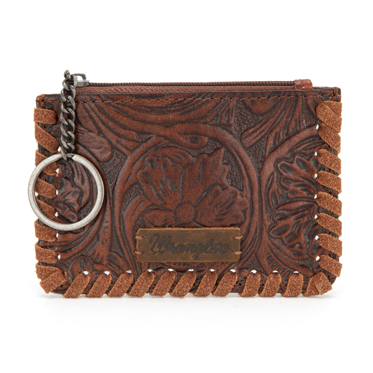 Montana West × Wrangler Leather Change Wallet with Keychain for Men Women Small Coin Pouch Western Design, Brown