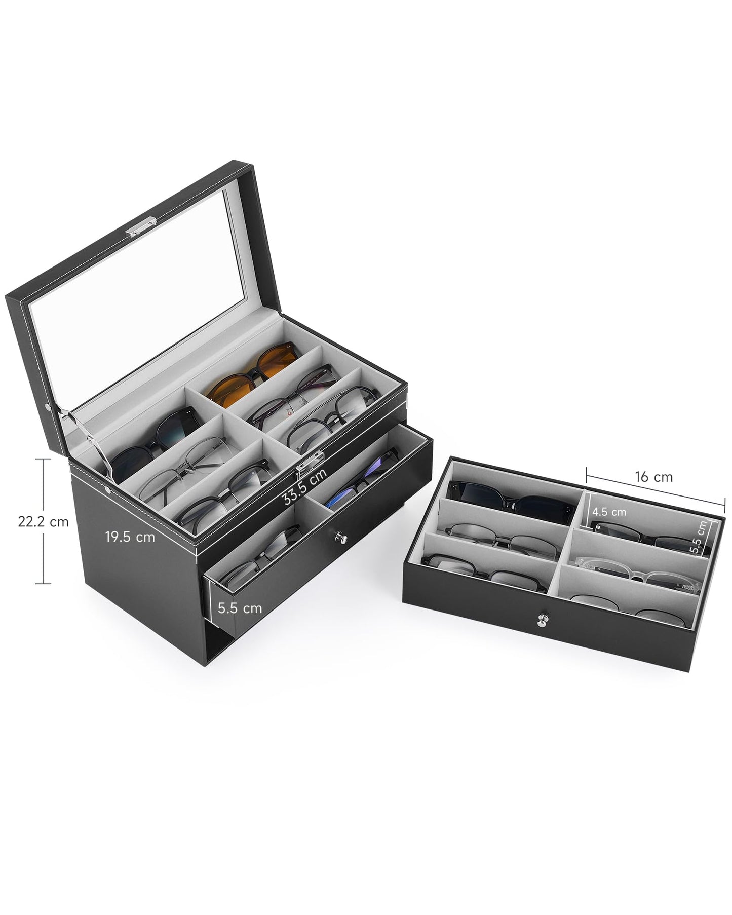CO-Z 18 Compartment Sunglasses Organizer, Leather Eyeglasses Storage Box for Women Men, Lockable Eyewear Display Case with Drawer, Glasses Holder with 18 Slots for Watches Jewelry Collection, Black