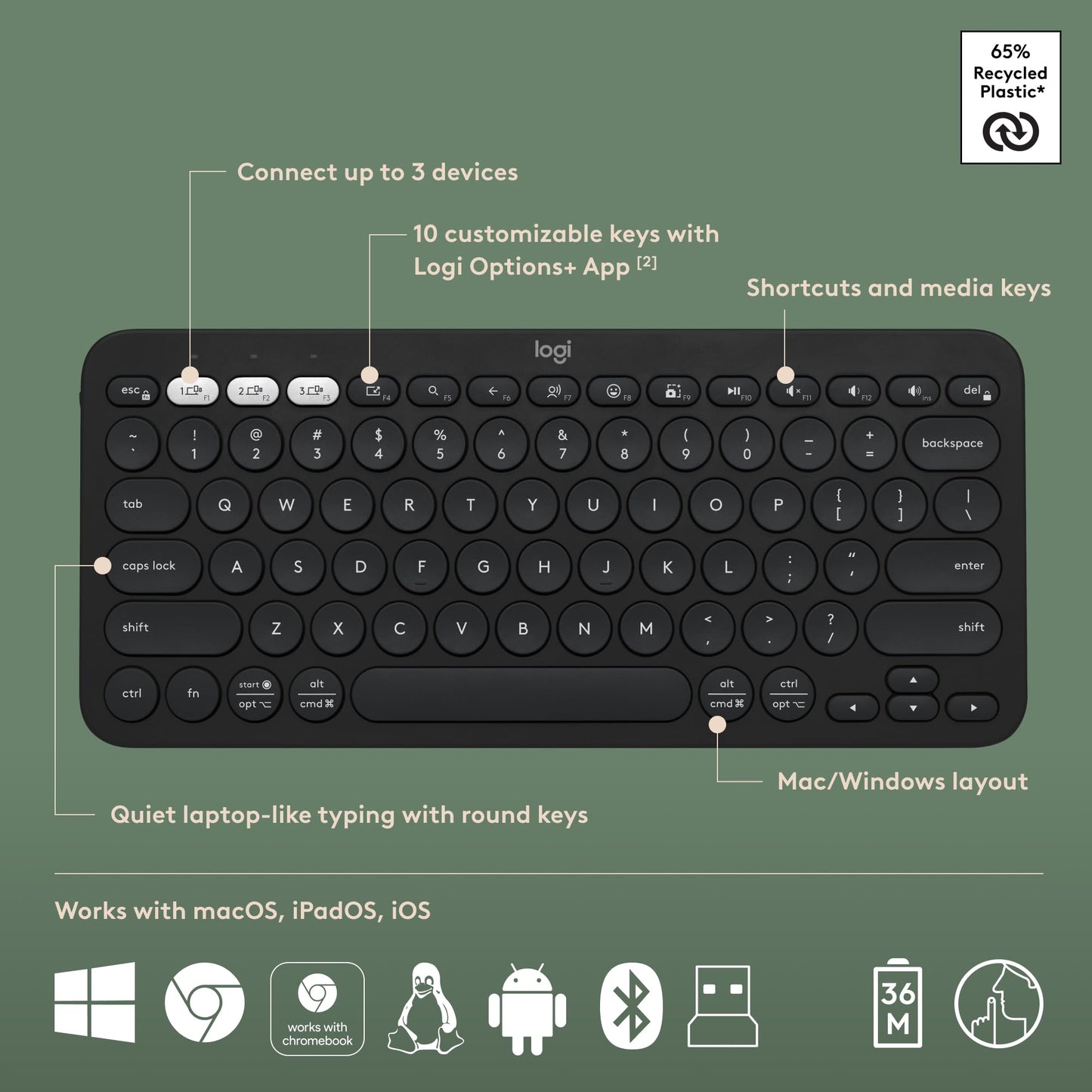 Logitech Pebble Keys 2 K380s, Multi-Device Bluetooth Wireless Keyboard with Customizable Shortcuts, Slim and Portable, Easy-Switch for Windows, macOS, iPadOS, Android, Chrome OS - Tonal Graphite