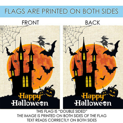 Wamika Autumn Scary Halloween Burlap Welcome Garden Flag Double Sided 28x 40 Inch,Fall Castle Moon Large Seasonal House Yard Flags for Outside Farmhouse Outdoor Holiday Home Decor Decoration