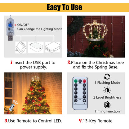 LAWOHO Christmas Tree Topper Star, Jeweled Crown with 60 Warm White LED USB Lighted Tree Topper, Xmas Tree Decor with Remote Control 8 Lighting Mode, Timer, Dimmer for Christmas Tree Ornament（Silver）