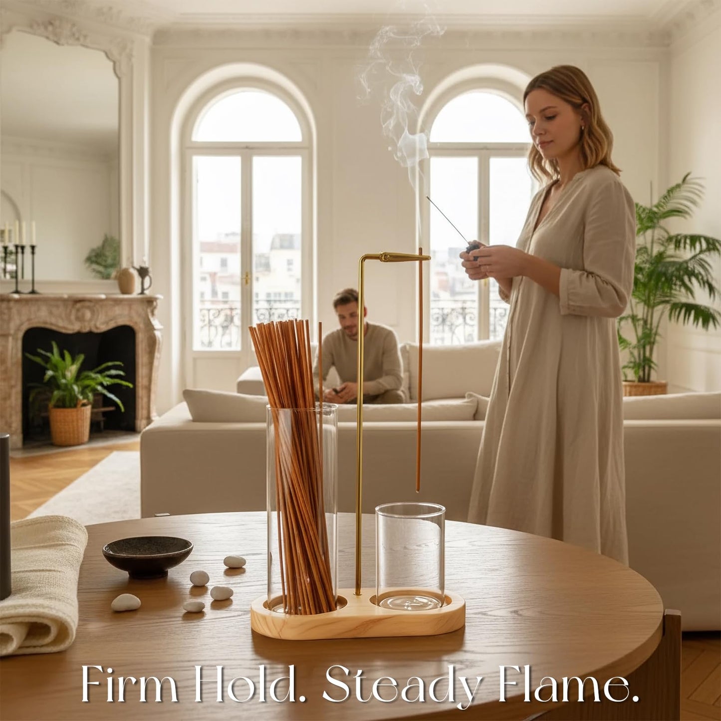 2-in-1 Incense Stick Holder with Glass Ash Catcher, Dual Glass Cups & Metal Clip, Minimalist 8-Shaped Wooden Base, Home Decor Gift (Dark Base)