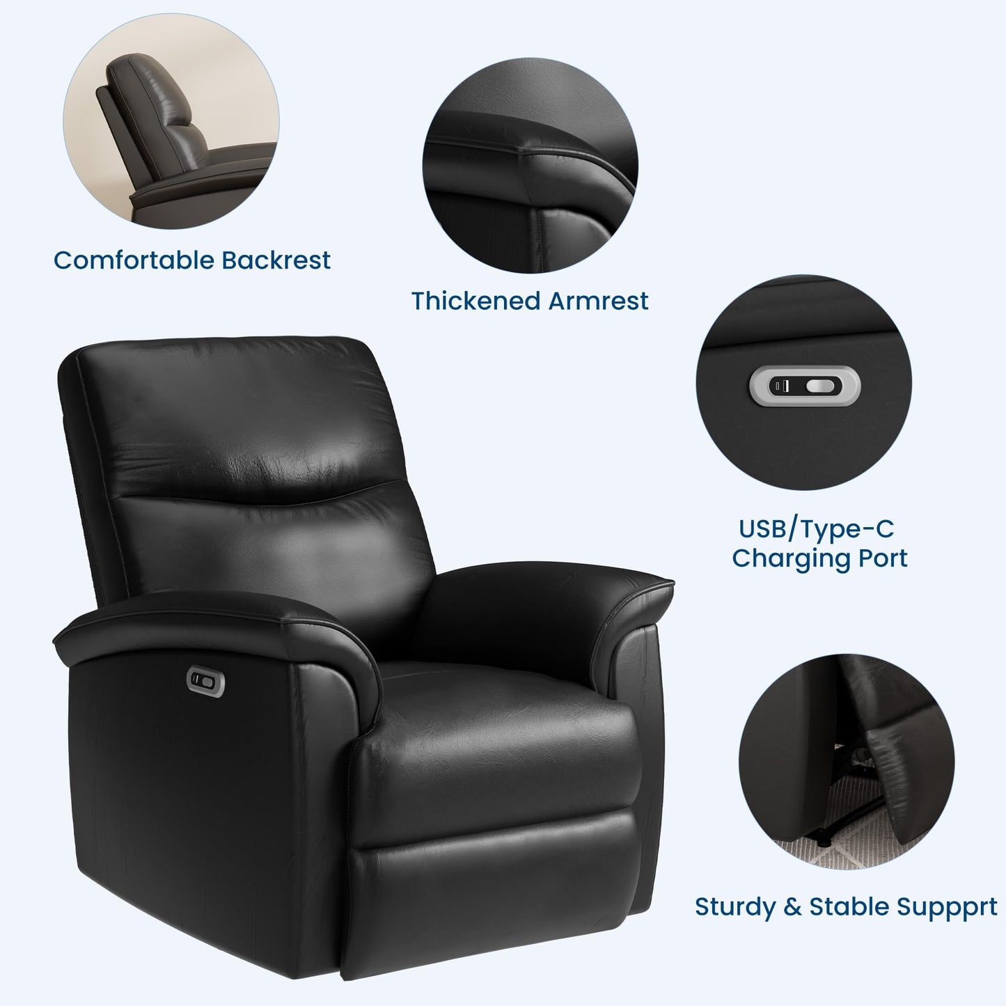 Leather Recliner Chair for Adults Power Recliner with USB Charging Ports Electric Reclining Sofa for Living Room Home Theater Seating Bedroom (Midnight Black)