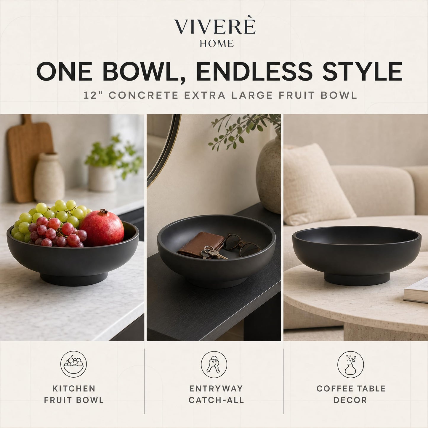 12" Concrete Extra Large Fruit bowl for Kitchen Counter, Coffee Table Decor, Decorative Key Bowl, Home Décor Accents, Kitchen Counter Decor Black