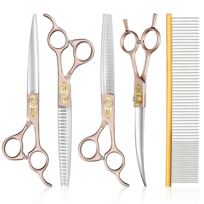 JASON Professional 6 in 1 Dog Scissors Kit - 7.5" Thinning, Chunker, Straight, Curved Shears and Comb for Cat, Rosegold