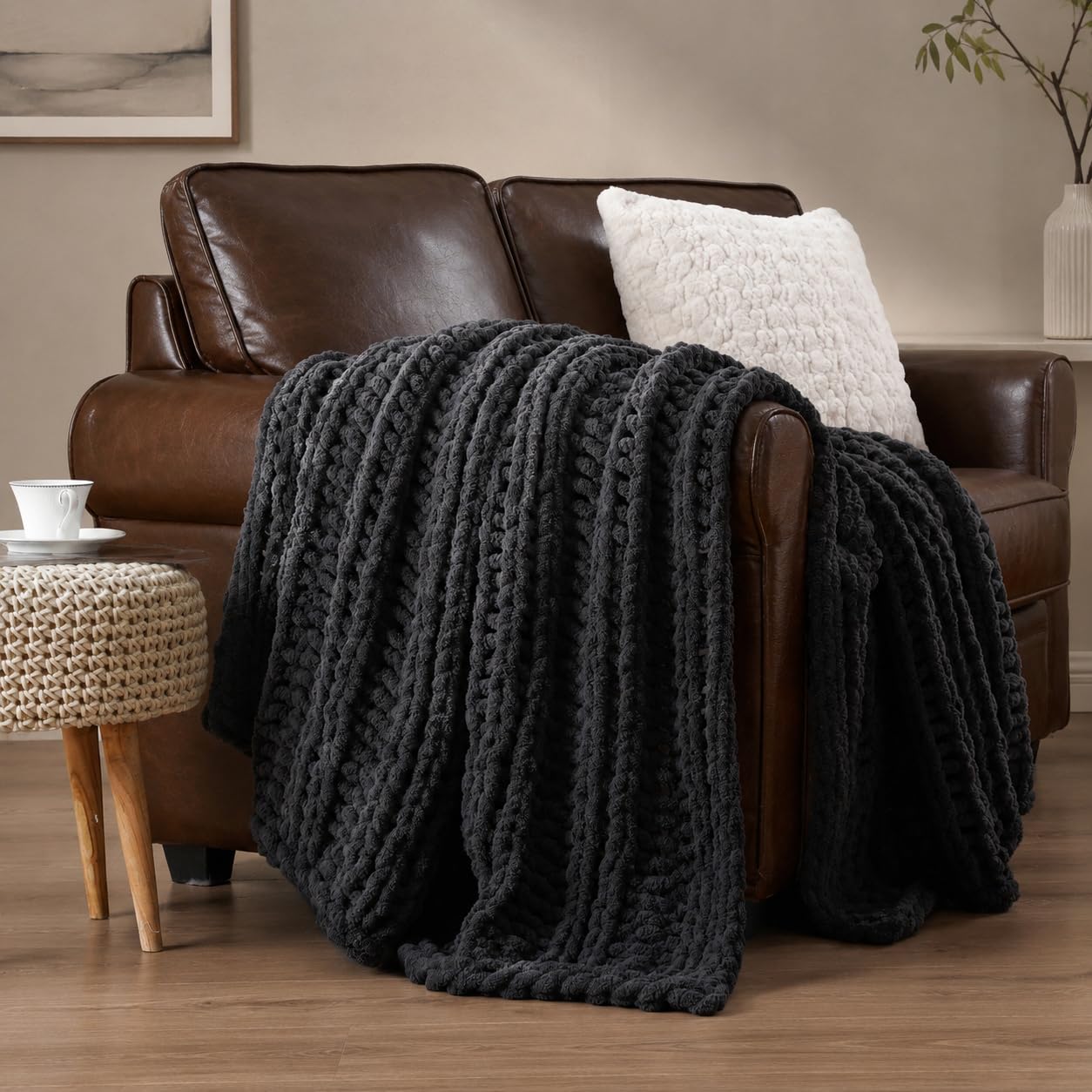 Battilo Chunky Knit Throw Blanket for Couch, Hand Made Chenille Throw Blanket, Super Soft Warm Cozy Charcoal Blanket for Bed, Sofa, Living Room, 50"x60"
