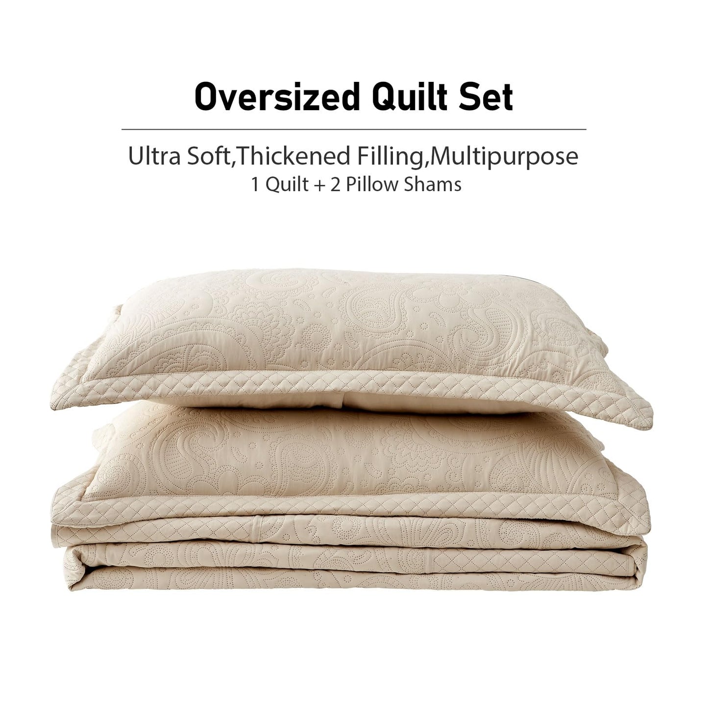 Qucover Alaska King Bedspread 132x 120, Oversized King Bedspread Extra Wide, 3 Piece Soft Microfiber Lightweight Oversized King Quilts Bedding Set, Quilting Paisley Pattern, with Pillow Shams, Beige