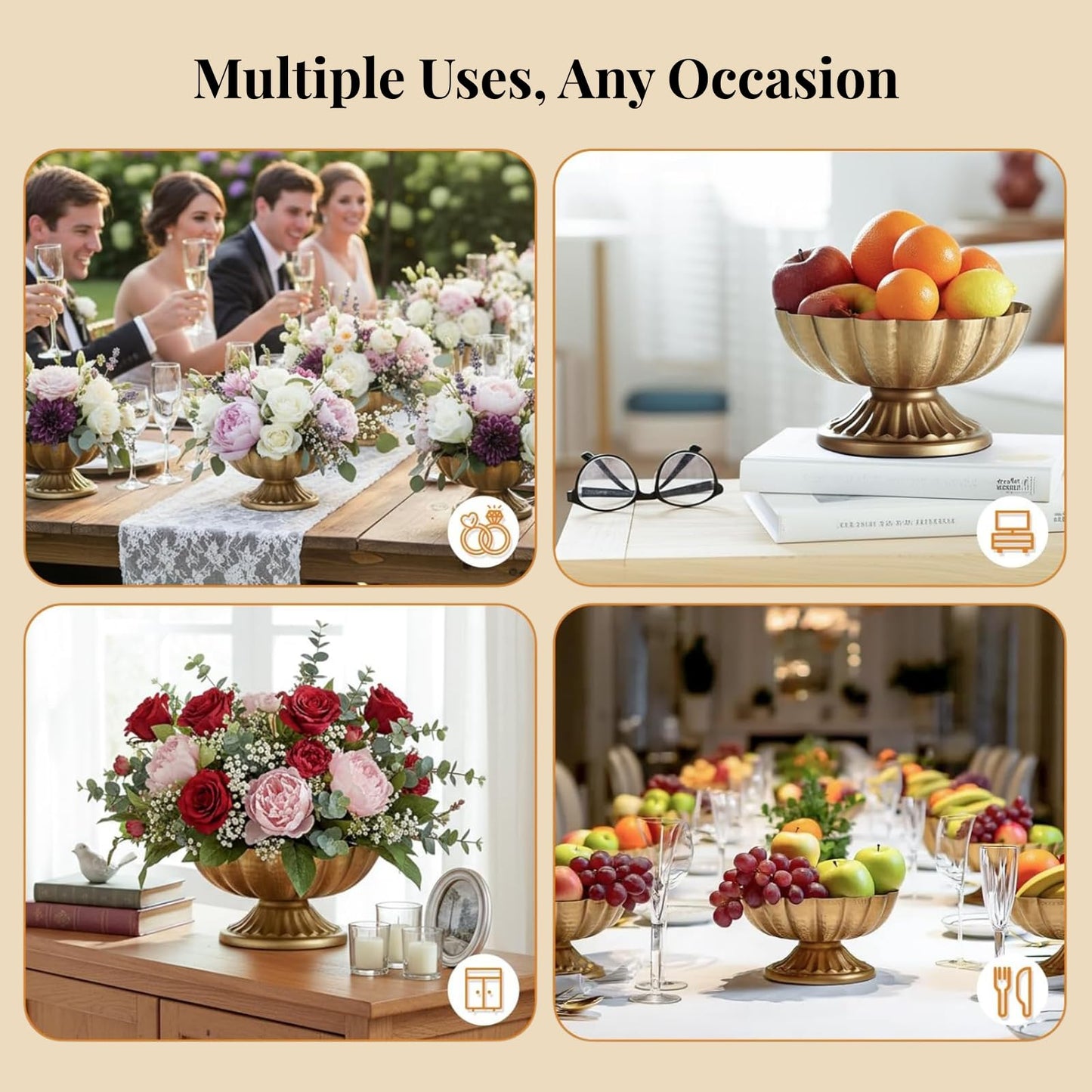 Set of 8 Antique Gold Compote Vases, 7.1" W x 3.94" H Metal Pedestal Vase for Centerpiece, Small Brass Compote Bowls for Floral Arrangements, Table Decor for Wedding Events Parties Decoration