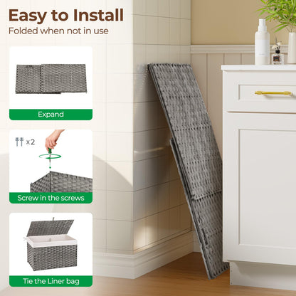 GREENSTELL Storage Basket with Lid, 17.2 Gallon(65L) Small Wicker Blanket Storage Basket with Handles, Foldable, 2 Removable Liner Bags, Metal Frame, for Bedroom, Laundry Room, Grey, 22.2"*13.4"*13.4"