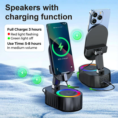 AKLLCCR Wireless Induction Audio Bluetooth Speaker 5in1 Phone Holder Emergency Rechargeable (3000mAh) with Colorful Ambient Light 300° Foldable for Tablet iPhone Android, Gifts for Men Women (Black)