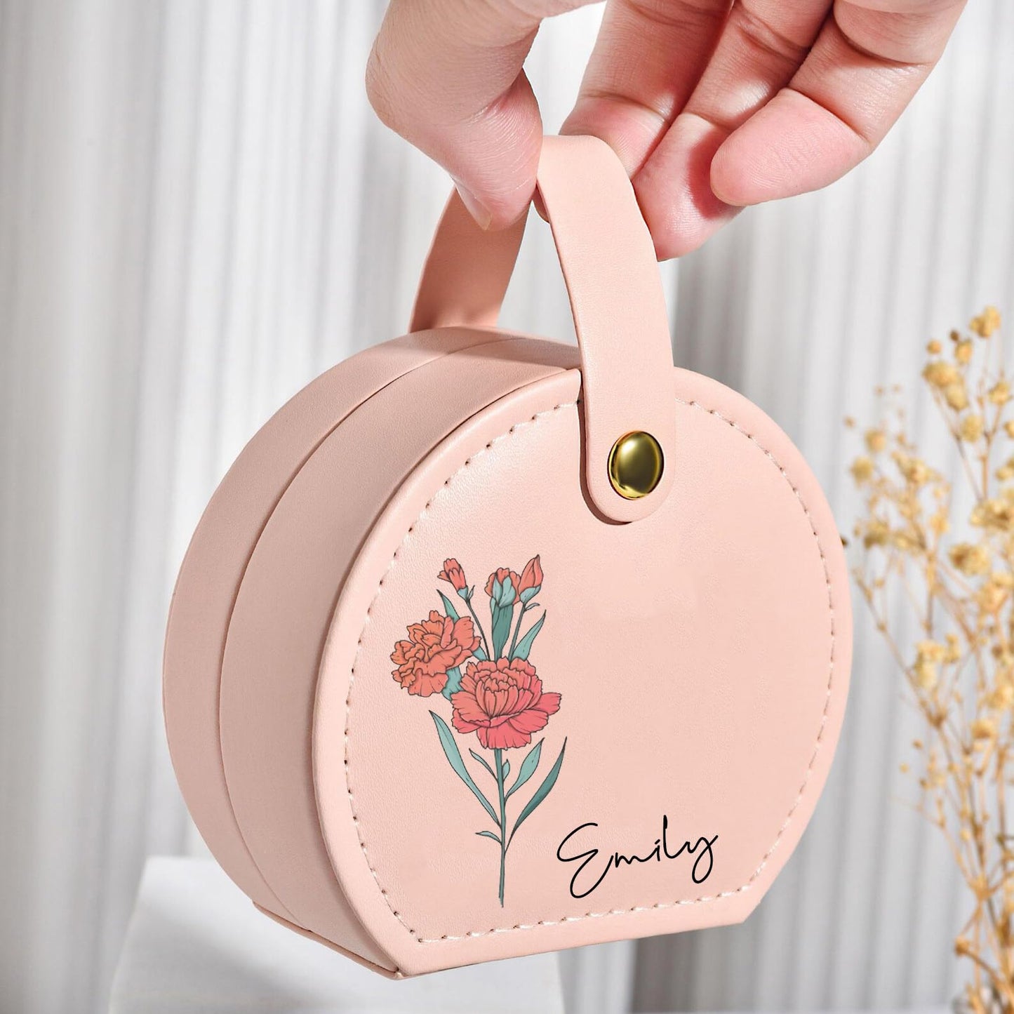 AsBestForGF Ships Next Day, Custom Mini Jewelry Travel Box with 12 Months Birth Flowers & Name, Personalized Jewelry Gift Case for Traveling, Delicate Christmas Birthday Gifts for Women Mom, Teachers