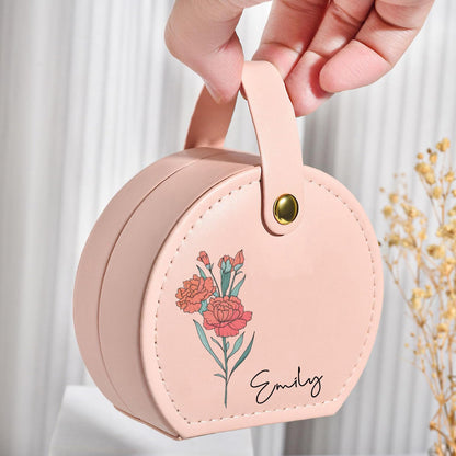AsBestForGF Ships Next Day, Custom Mini Jewelry Travel Box with 12 Months Birth Flowers & Name, Personalized Jewelry Gift Case for Traveling, Delicate Christmas Birthday Gifts for Women Mom, Teachers