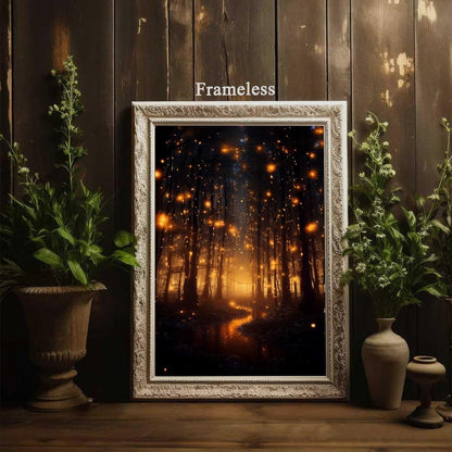 Magical Forest Wall Art Canvas - Fireflies Landscape Poster, Botanical Prints, Moody Natural Vertical Art, Dark Academia Forest Painting for Home 16x24inch No Frame