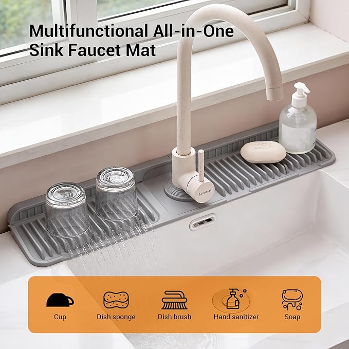 Faucet Mat for Kitchen Sink, Snap-On Design & 7°slope Fast Drain, Folding Sink