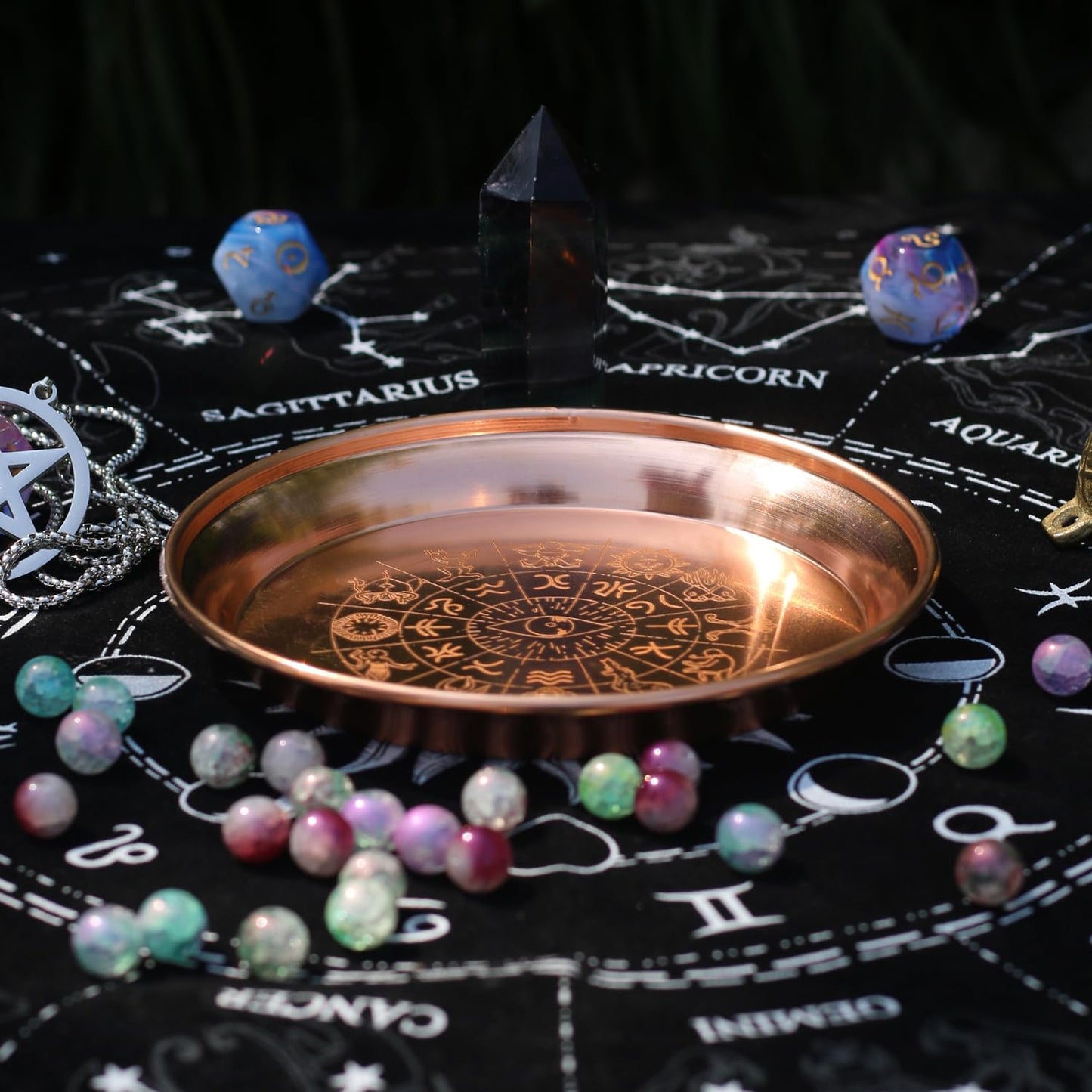 Copper Offering Bowl Prayer Ritual Plate Great for Altar,Incense Burner, smudging Bowl, Offering Dish,Candle Trays, Ash Catcher,Jewelry Dish(Twelve Tonstellations)