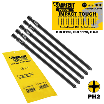 5 x SabreCut SCPH2157_5 157mm PH2 Autofeed Collated Drywall Screwdriver Gun Bit Single Ended Phillips No.2 Heavy Duty Compatible with Makita BFR550 6843 DFR550