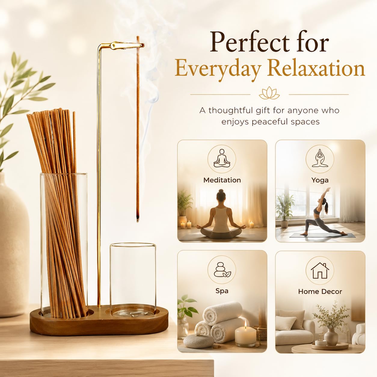 Incense Holder for Sticks, Wooden Incense Burner with Glass Ash Catcher, Anti-Ash Vertical Incense Stick Holder for Meditation Yoga Spa Home Decor