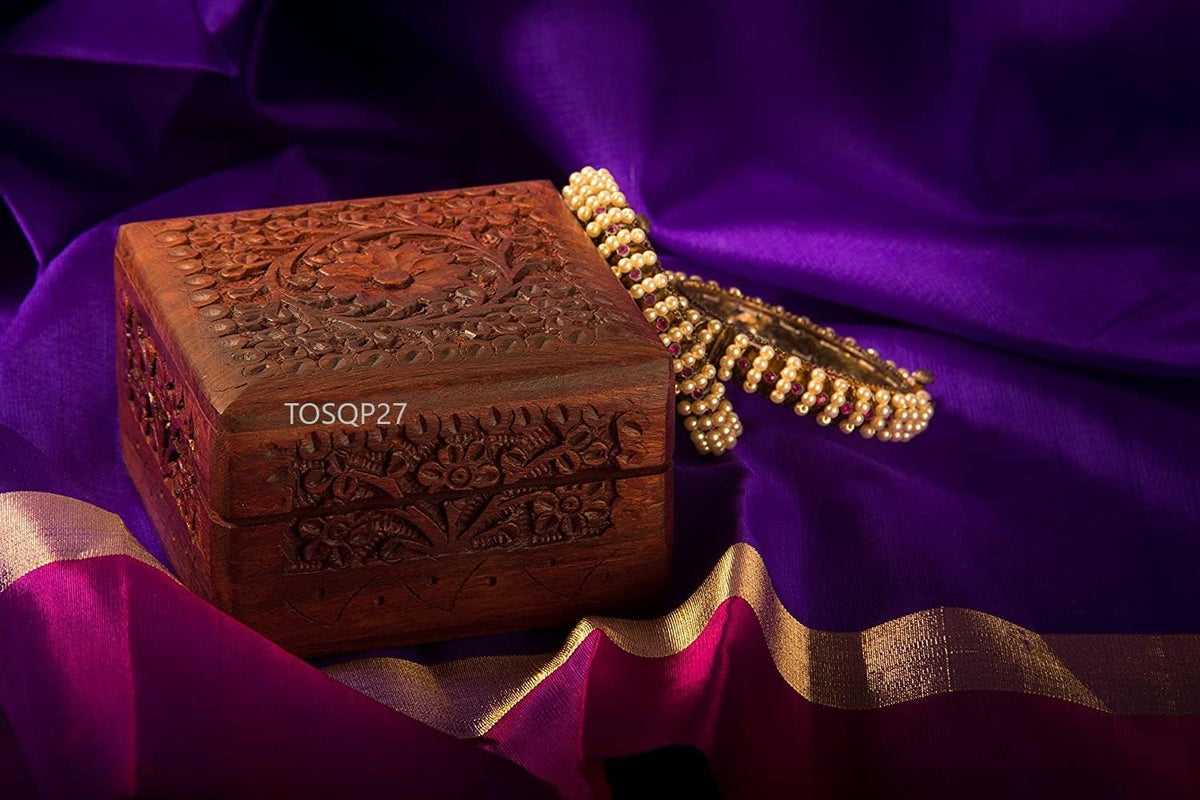 TOSQP27 Gift Jewelry Box Rosewood Hand-Carved Novelty Unique Trinket Case Jewellery – 4 Inch Wooden Travel Jewel Organizer Brass Inlay Velvet – Keepsake Birthday Aniversary Gifts for Women, Girls, Mom