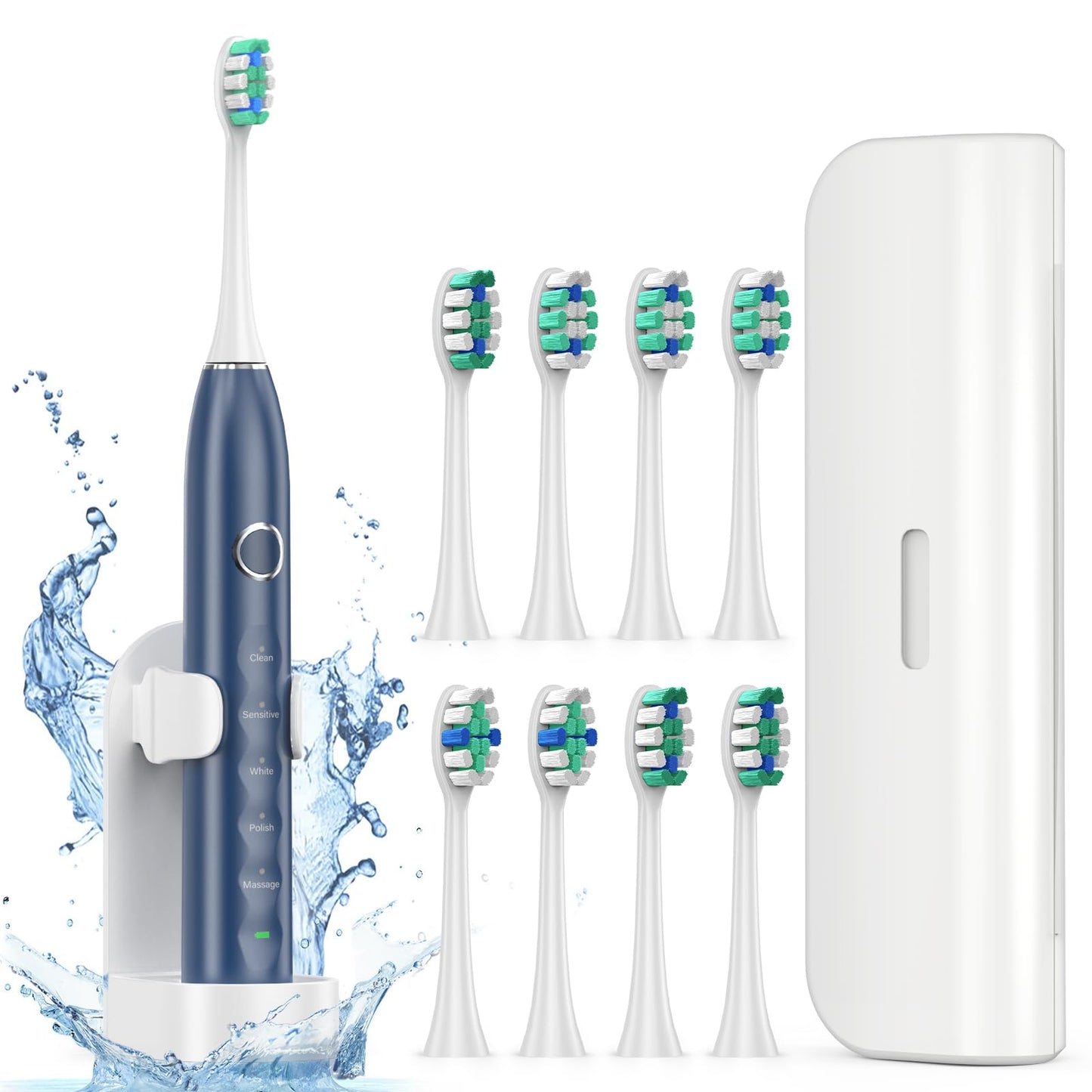Electric Toothbrush for Adults with 8 Brush Heads, Sonic Toothbrush Rechargeable with a Holder & Travel Case, 2.5 Hours Charge for 120 Days Use - Light Blue