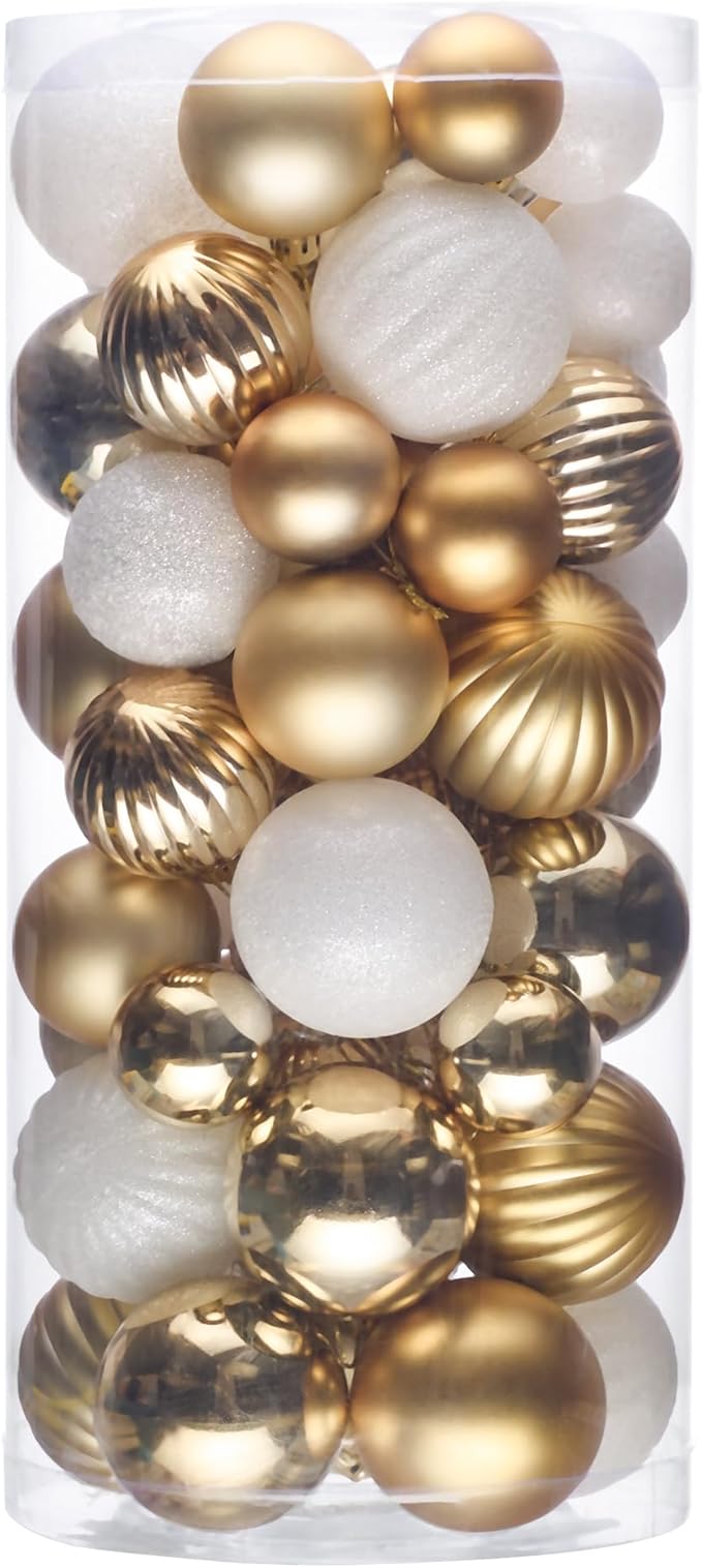 50ct Christmas Balls Ornaments for Xmas Tree, White and Gold Shatterproof Christmas Tree Decorations Hanging Ball for Holiday Party Decor(1.57"-2.36")