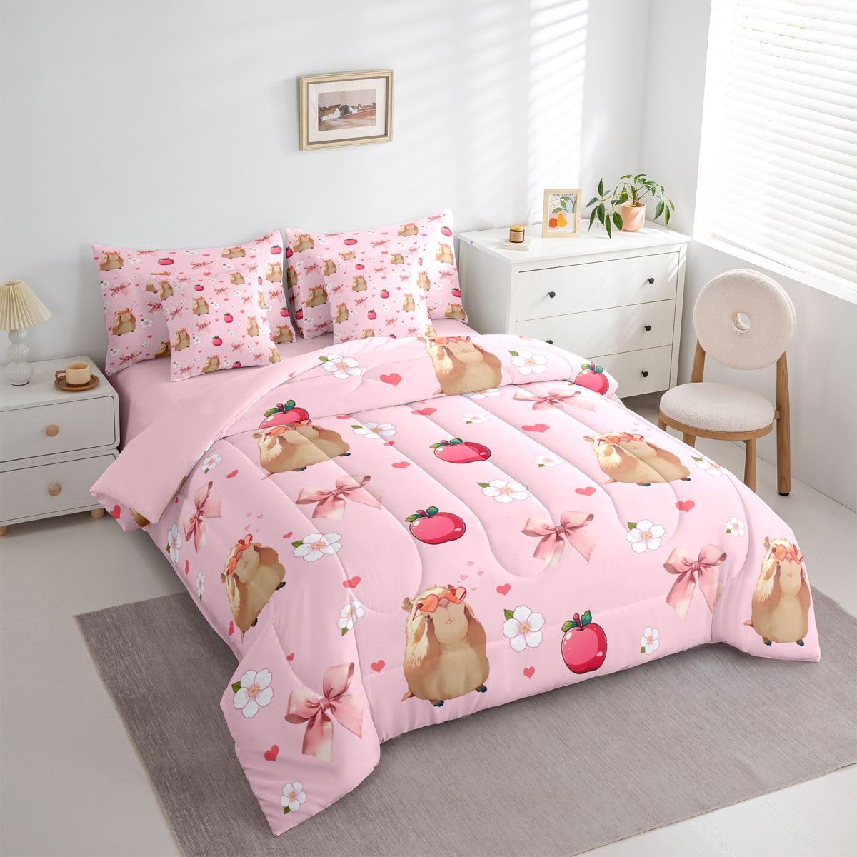 Feelyou Capybara Comforter Set King Size 7 Pieces Cute Pink Bow Bedding Set for Kids Boys Girls Soft Flower Texture Bed in a Bag with Comforter, Sheets, Pillowcases, Cushion Covers
