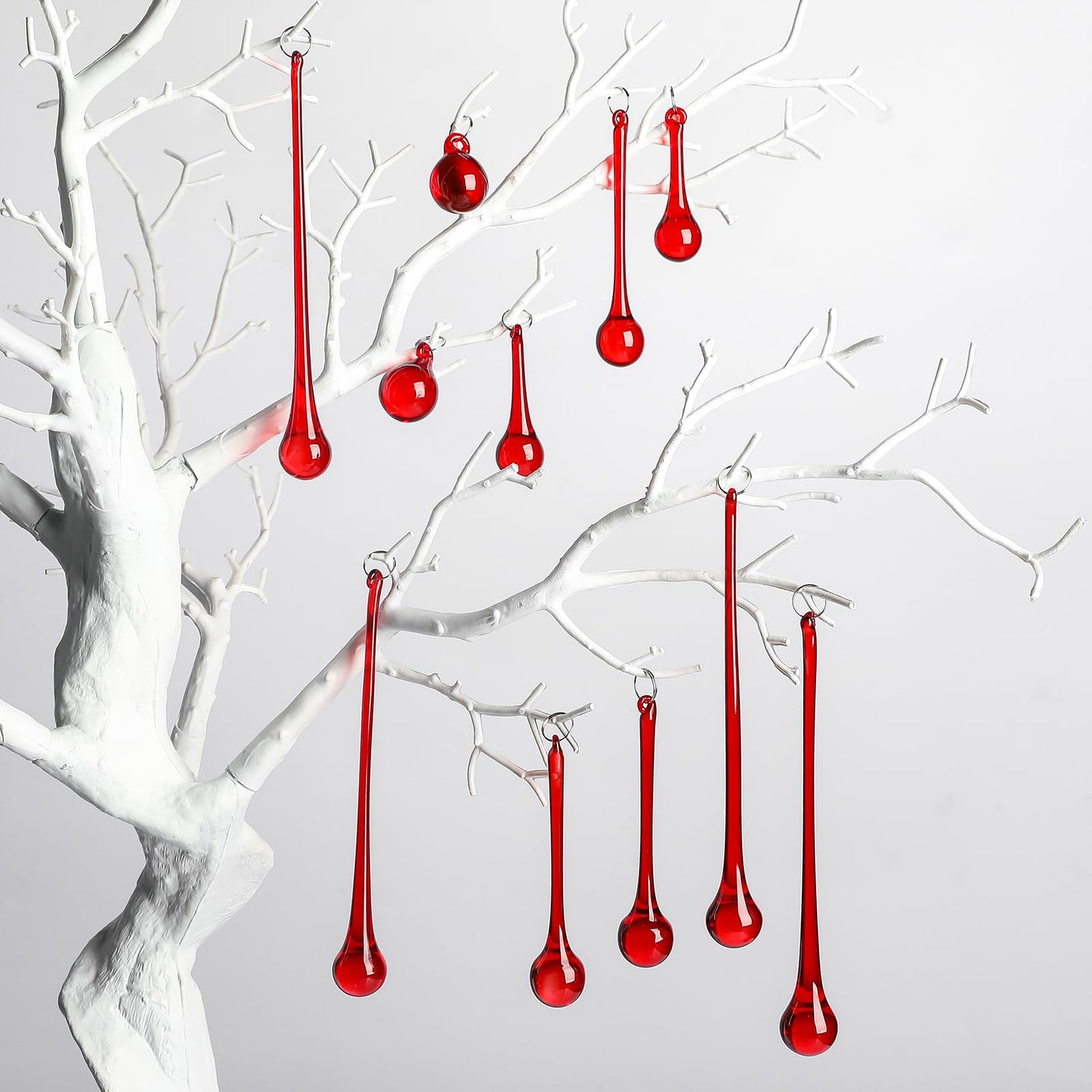 LONGWIN 40pcs Red Crystal Glass Teardrop Ornaments for Christmas Tree, Chandelier Crystals Replacement Parts, 4 Styles Xmas Raindrop Centerpiece Decor