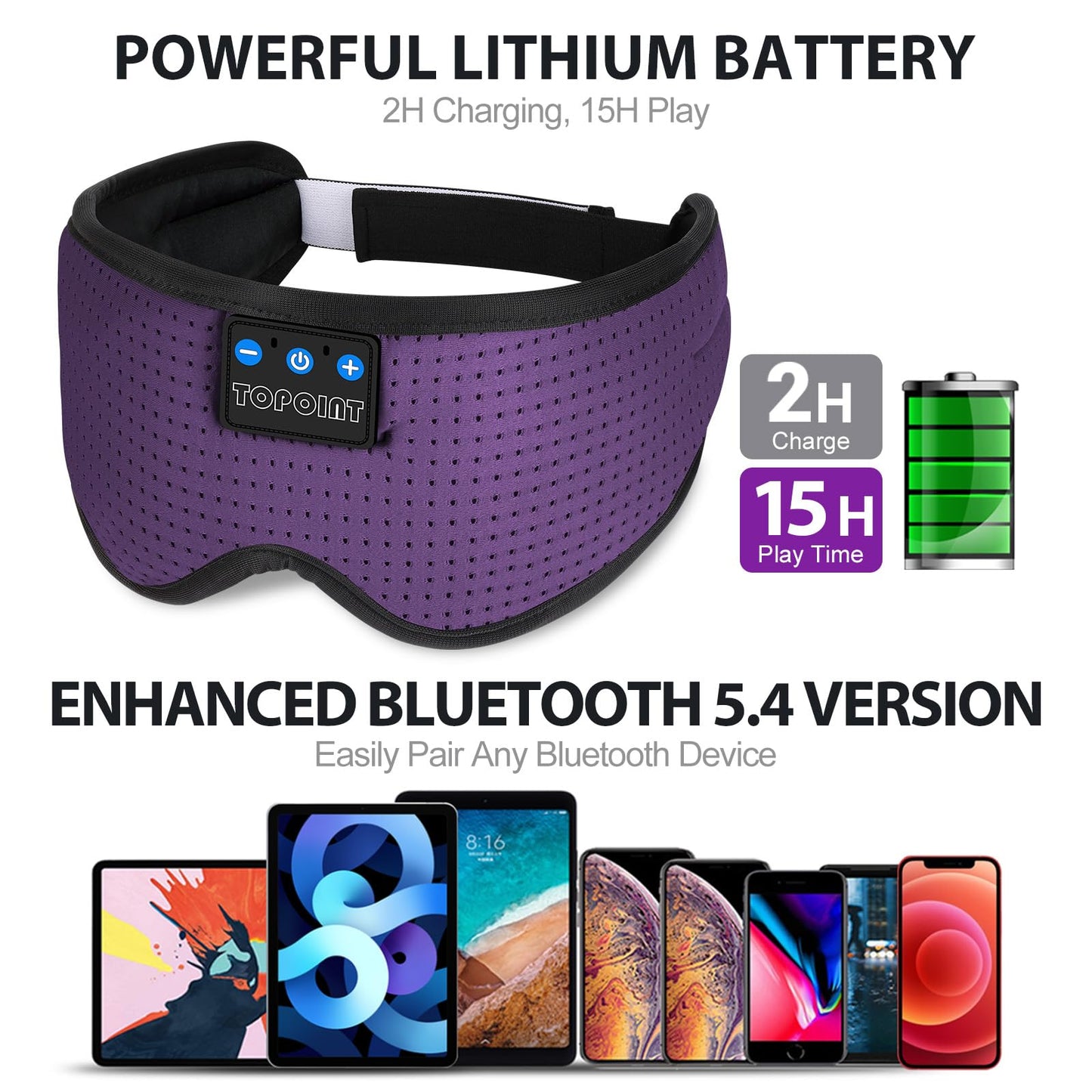 TOPOINT Sleep Mask with Bluetooth Headphones, Breathable Silk Eye Mask for Sleeping Men Women, Bluetooth Sleep Mask Blackout with Speakers, Microphone Handsfree, USB C for Travel Meditation Gifts